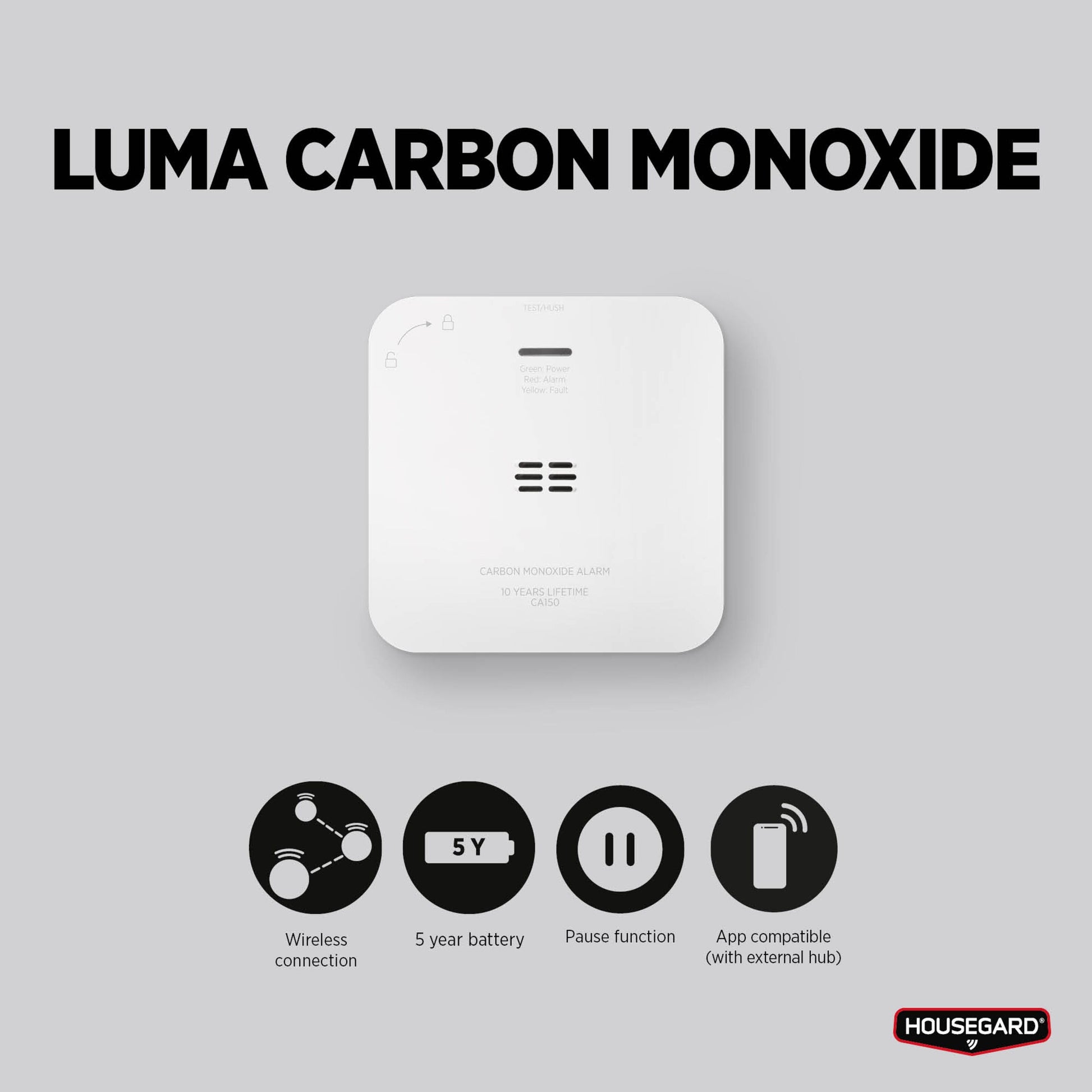 Housegard Luma trådløs kuliltealarm med 5-års batteri, pausefunktion, app-support, "LUMA CARBON MONOXIDE"-tekst og logo.