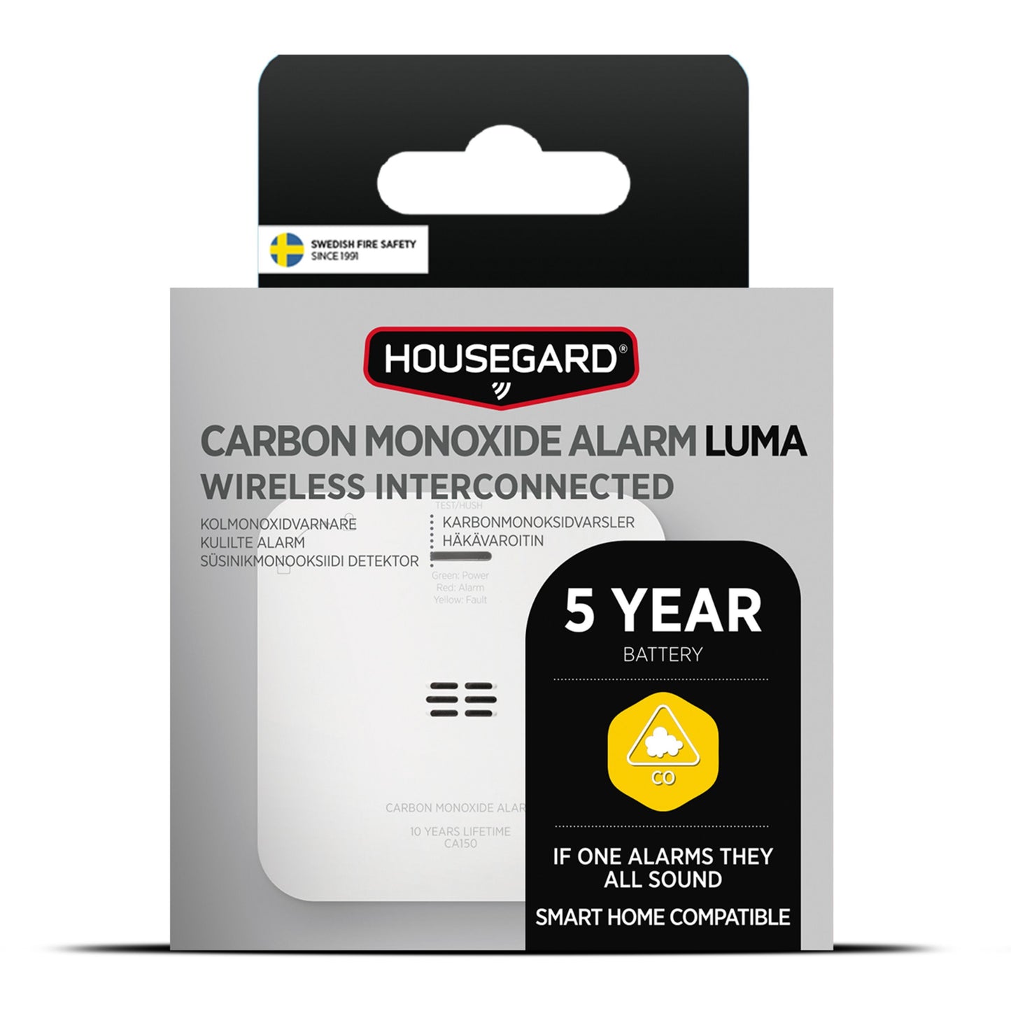 Housegard Luma trådløs kuliltealarm smart home kompatibel via Luma Hub 5-års batteri godkendt med svensk brandsymbol.