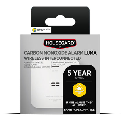 Housegard Luma trådløs kuliltealarm smart home kompatibel via Luma Hub 5-års batteri godkendt med svensk brandsymbol.