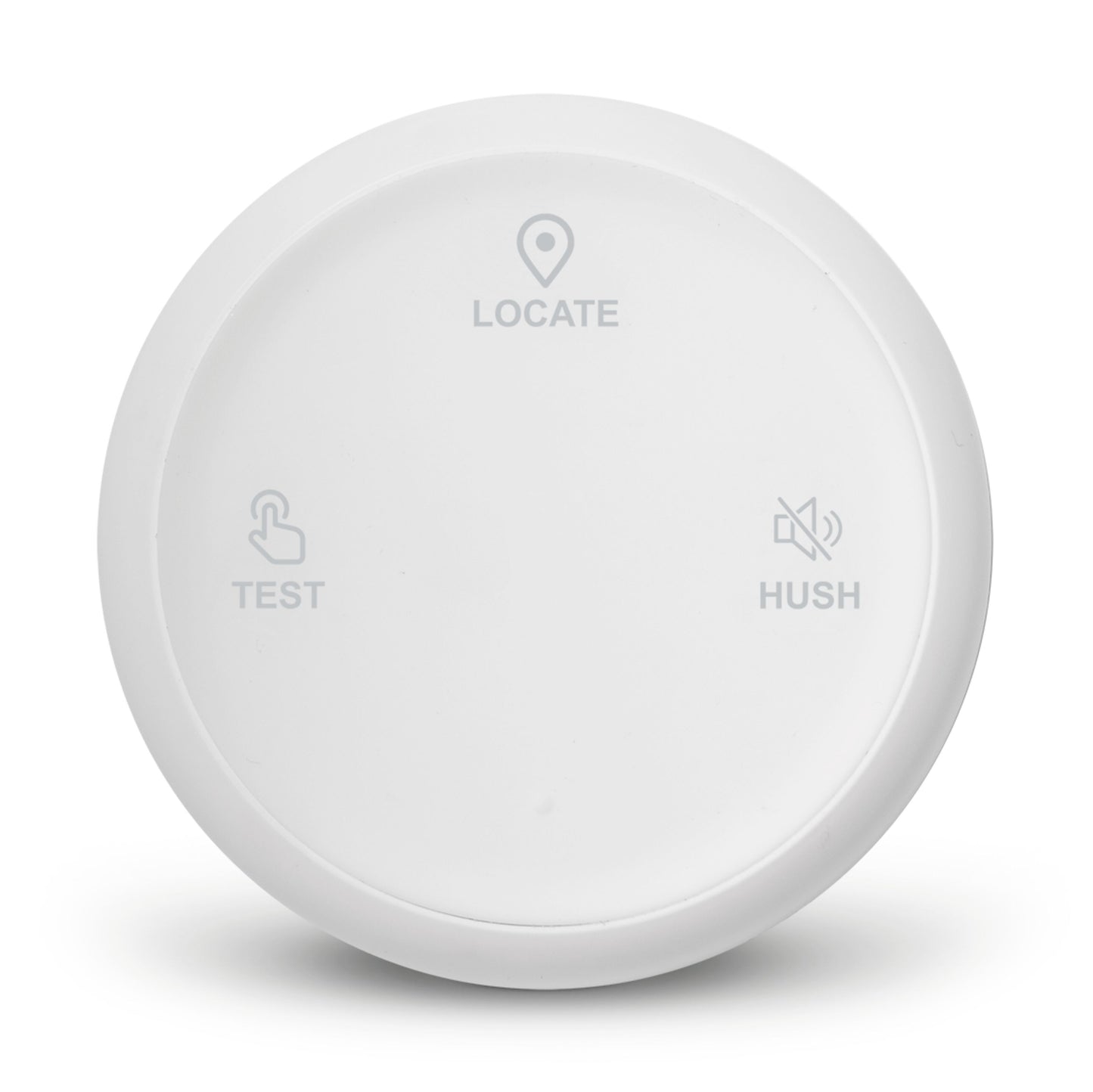 Housegard Luma rund hvid brandalarm med LOCATE, TEST og HUSH-knap samt støtte til trådløs fjernbetjening.