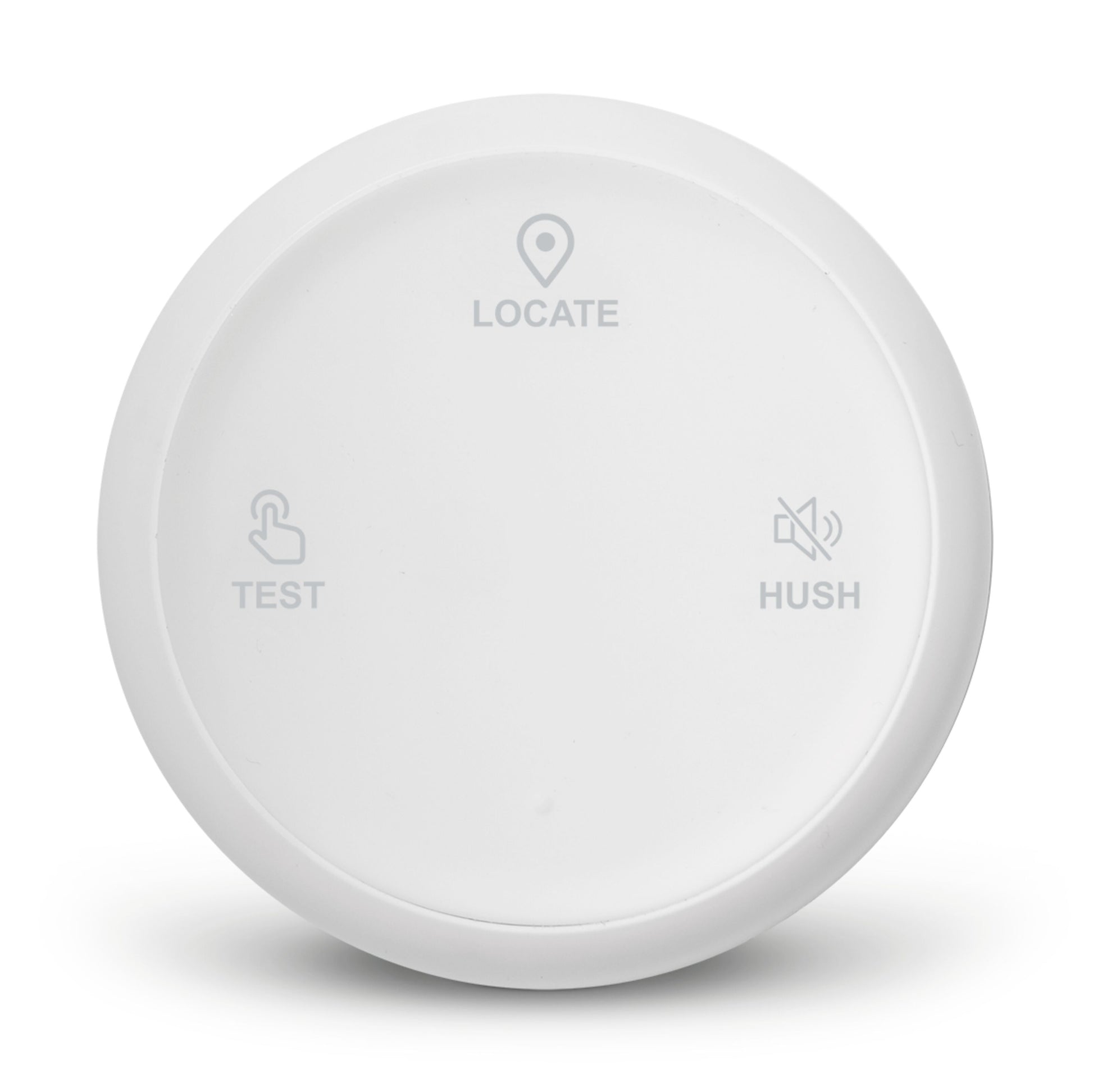 Housegard Luma rund hvid brandalarm med LOCATE, TEST og HUSH-knap samt støtte til trådløs fjernbetjening.