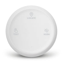 Housegard Luma rund hvid brandalarm med LOCATE, TEST og HUSH-knap samt støtte til trådløs fjernbetjening.