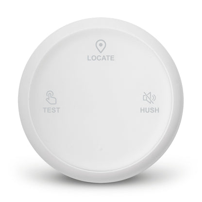 Housegard Luma rund hvid brandalarm med LOCATE, TEST og HUSH-knap samt støtte til trådløs fjernbetjening.
