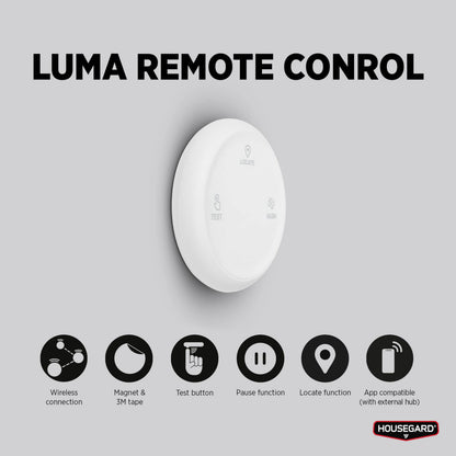 Housegard Luma trådløs fjernbetjening hvid, rund, "LUMA REMOTE CONTROL", ikoner til trådløs, magnet, tape, test/pause.