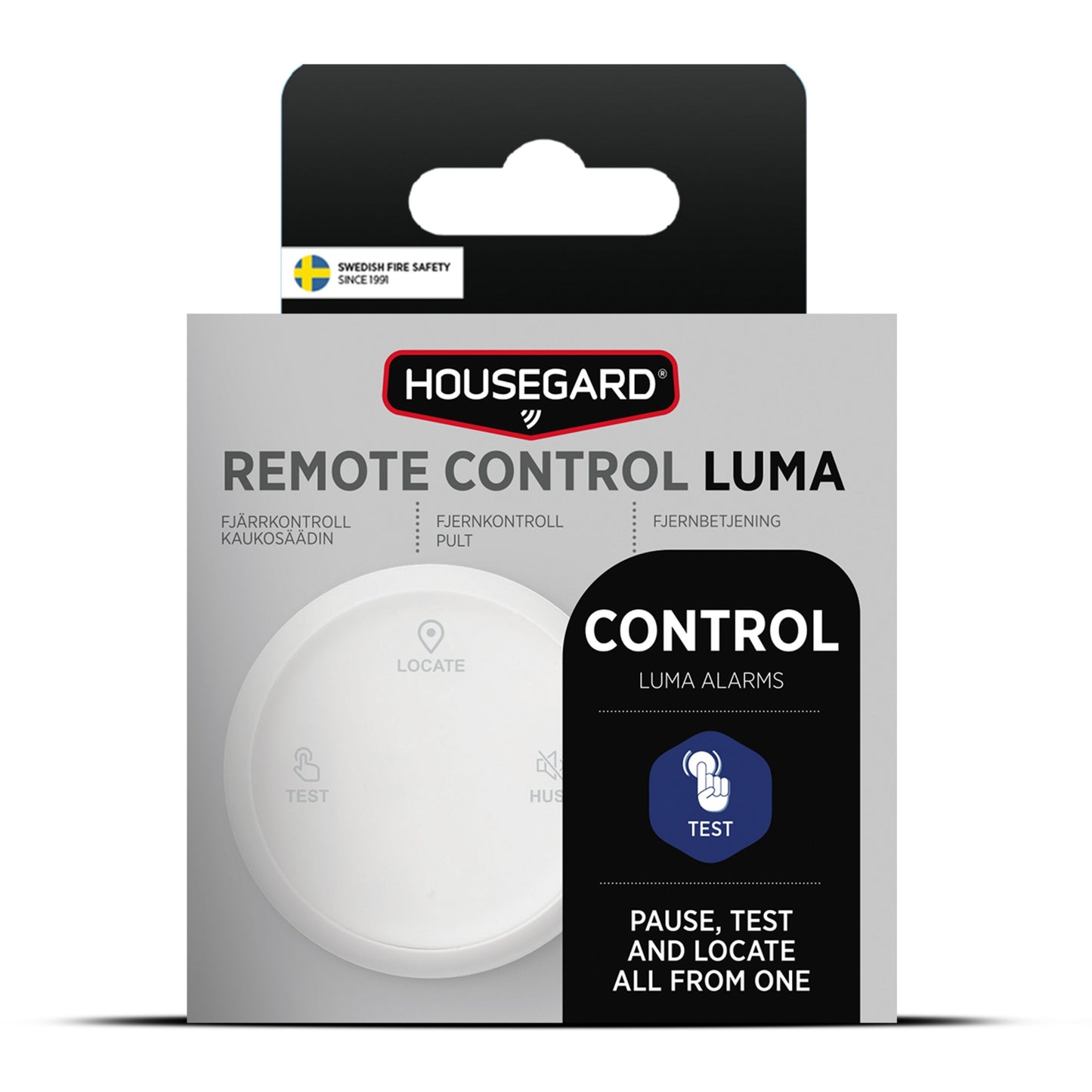 Housegard Luma trådløs fjernbetjening i grå æske med billede, rund form og Locate/Test-knapper, teksten CONTROL LUMA ALARMS.