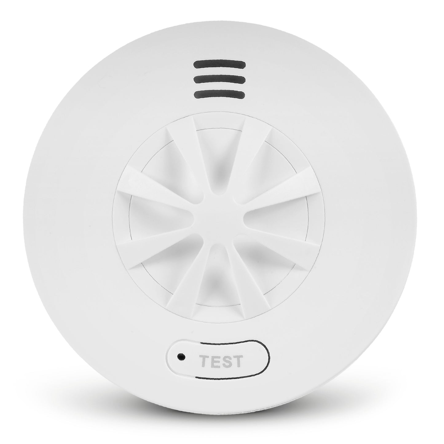 Housegard Luma trådløs varmeapparat rund hvid, central ventilation, tre top-slids, TEST-knap, varmesensor, 10-års batteri.