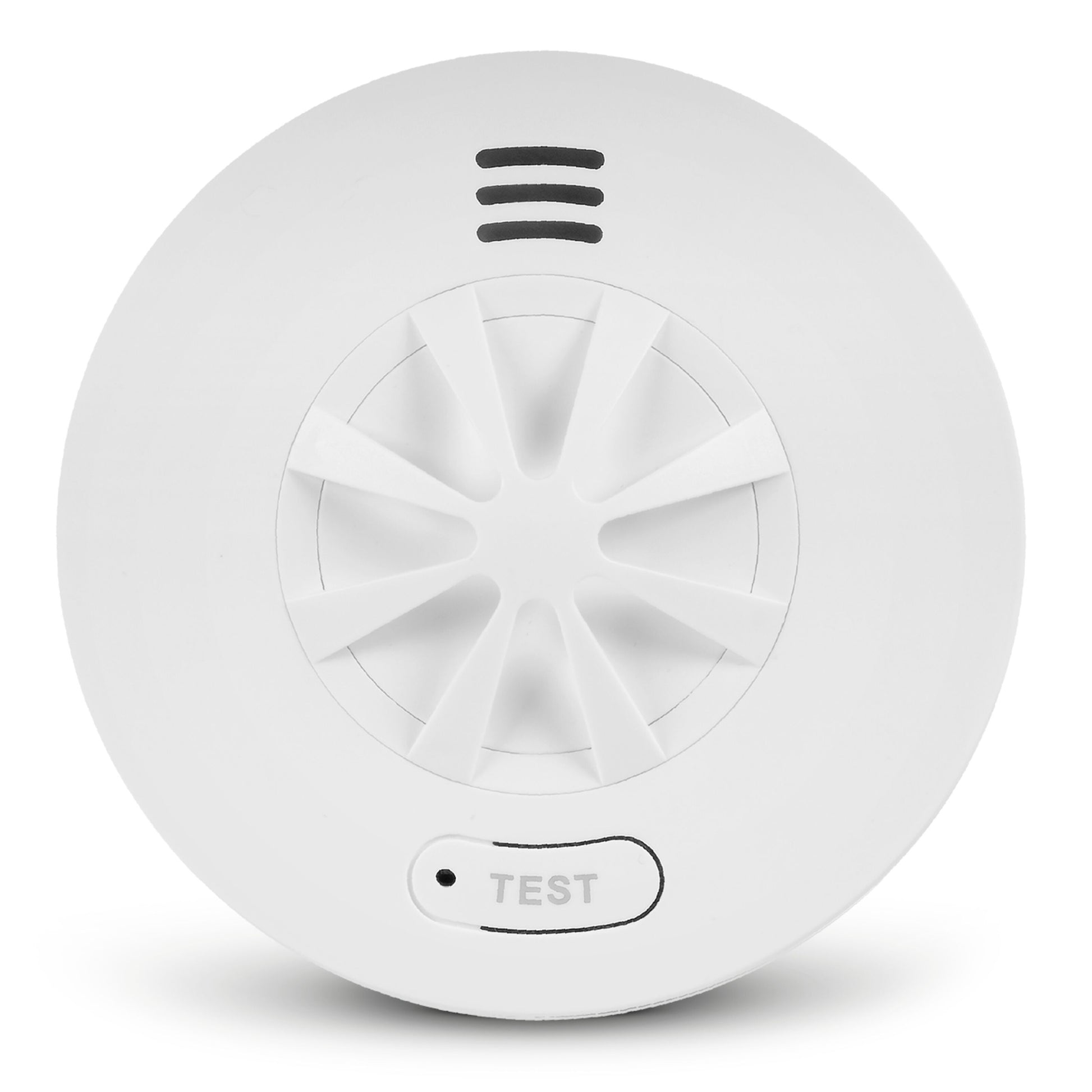 Housegard Luma trådløs varmeapparat rund hvid, central ventilation, tre top-slids, TEST-knap, varmesensor, 10-års batteri.