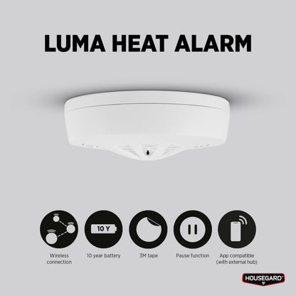 Housegard Luma trådløs varmeapparat loftmonteret, ikoner til trådløs, 10-års batteri, 3M-tape, pause og app, Housegard-logo.