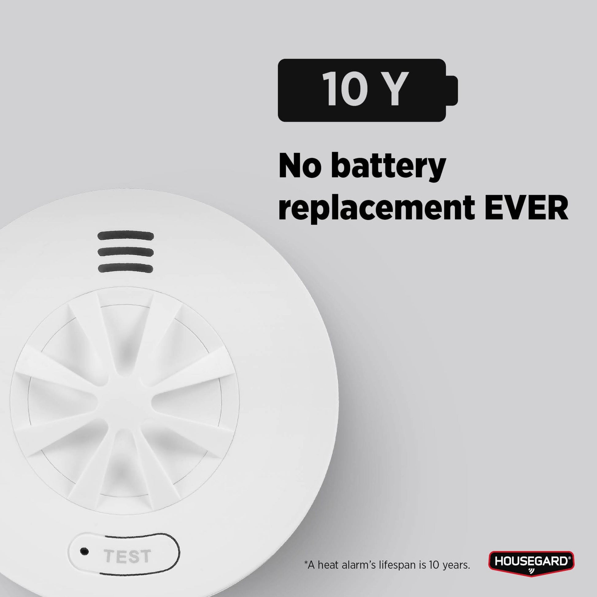 Housegard Luma trådløs varmeapparat hvid med testknap, "10 Y No battery replacement EVER", Housegard logo, 10 års levetid.