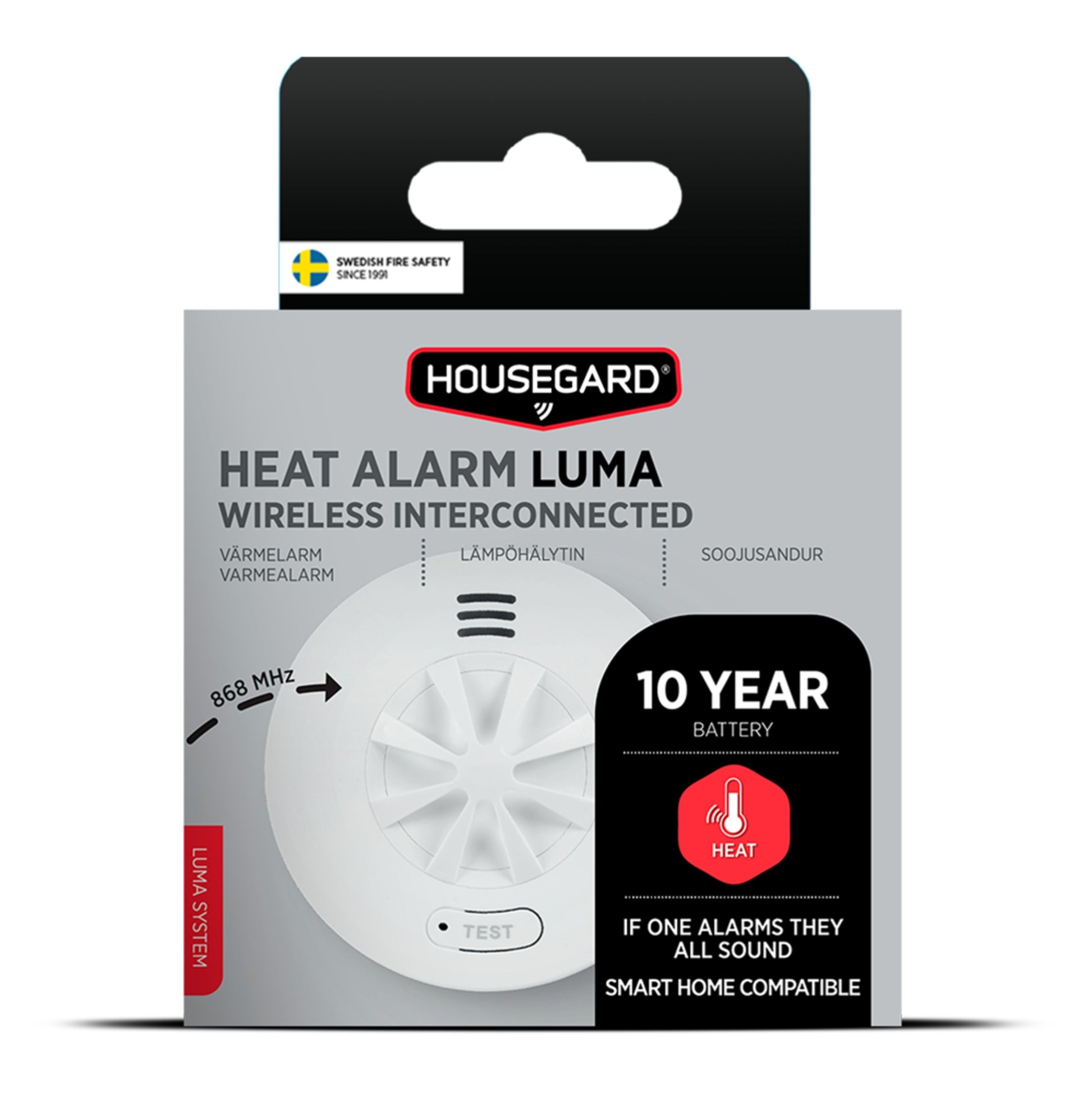 Housegard Luma trådløs varmeapparat i æske, 10-års batteri, svensk brandsikkerhedslogo, testknap, smart home kompatibel.
