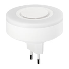 Housegard Luma trådløs sirene, rund og hvid med repeaterfunktion, central knap og to stikben til vægudtag, lyd og lys.