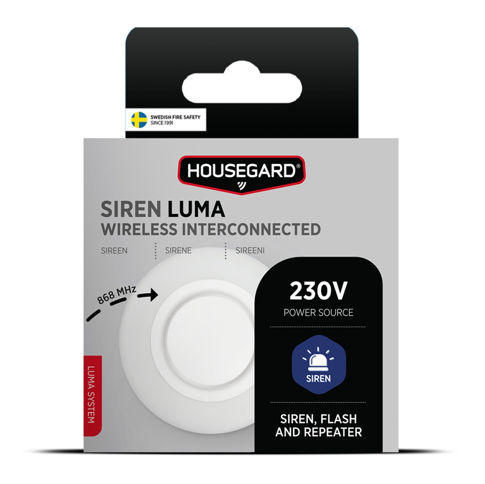 Housegard Luma trådløs sirene med 230V, lyd- og lyssignal, repeaterfunktion, svensk brandsikringscertificering.