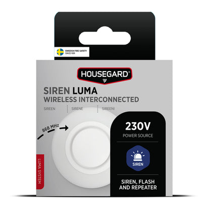 Housegard Luma trådløs sirene med 230V, lyd- og lyssignal, repeaterfunktion, svensk brandsikringscertificering.