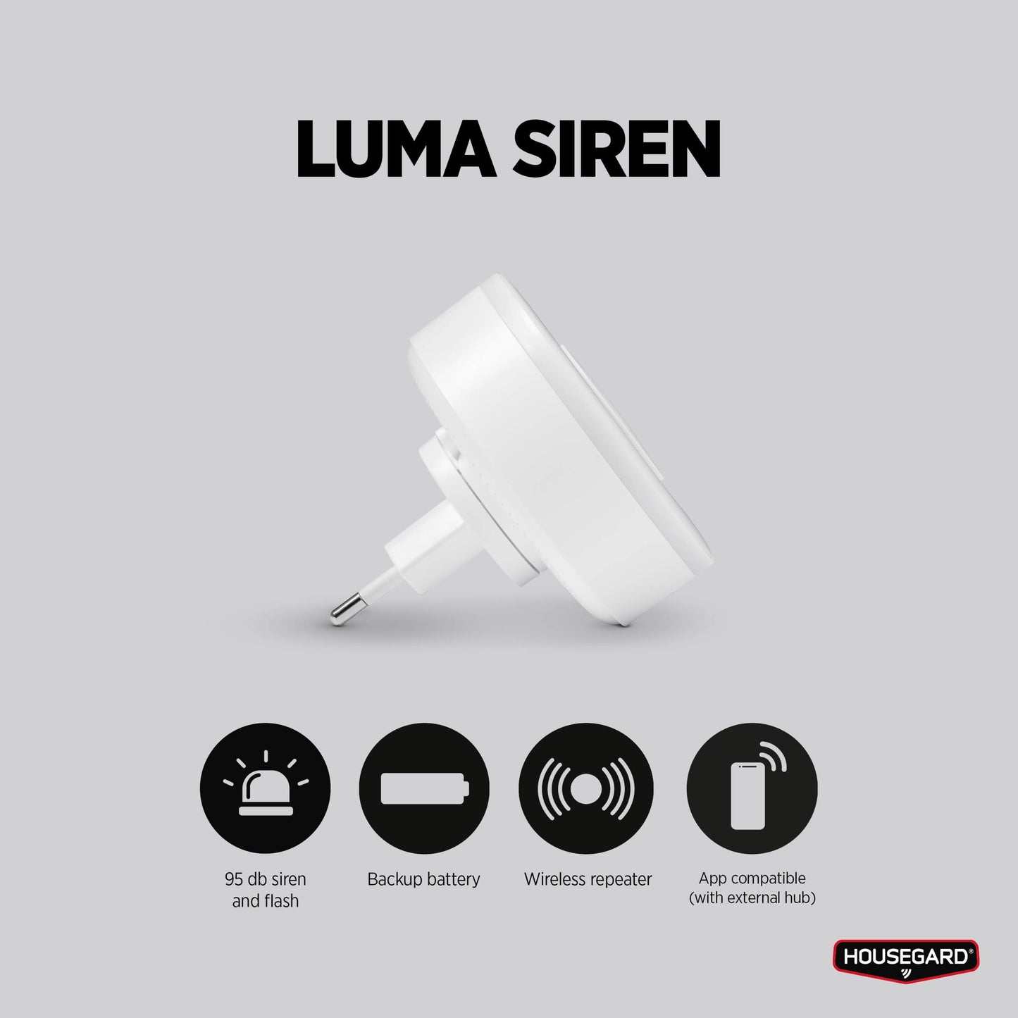 Housegard Luma trådløs sirene med repeater, 95 dB lyd/lysalarm, backup-batteri, app-kompatibel, tilsluttet stikkontakt.
