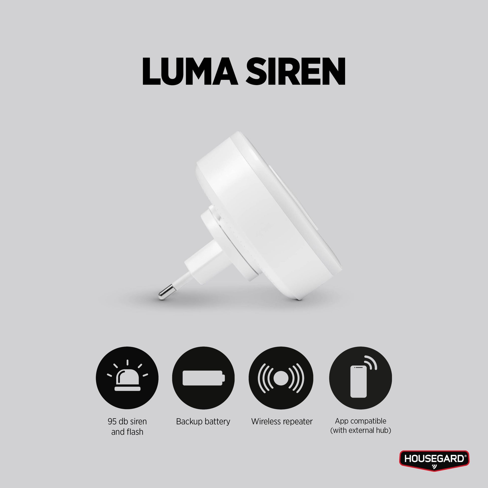 Housegard Luma trådløs sirene med repeater, 95 dB lyd/lysalarm, backup-batteri, app-kompatibel, tilsluttet stikkontakt.