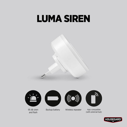 Housegard Luma trådløs sirene med repeater, 95 dB lyd/lysalarm, backup-batteri, app-kompatibel, tilsluttet stikkontakt.