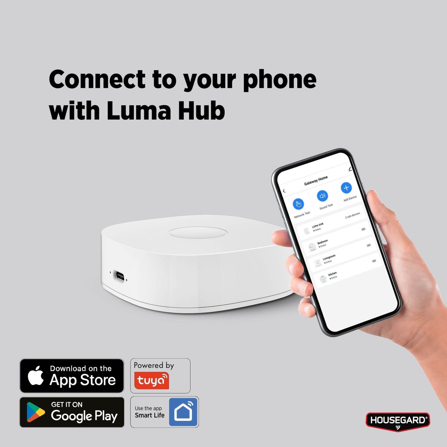 Housegard Luma trådløs sirene med repeaterfunktion og Luma app, alarm aktiv, App Store, Google Play, tuya logo.