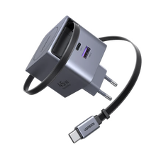 UGREEN Nexode 45 W GaN-oplader i sølv med udtrækkeligt USB-C-kabel.