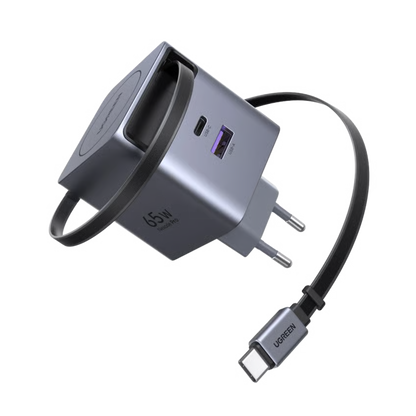 UGREEN Nexode 65 W grå GaN-oplader med udtrækkeligt USB-C-kabel, USB-A-porte, sort opladerkabel og runde stikben.