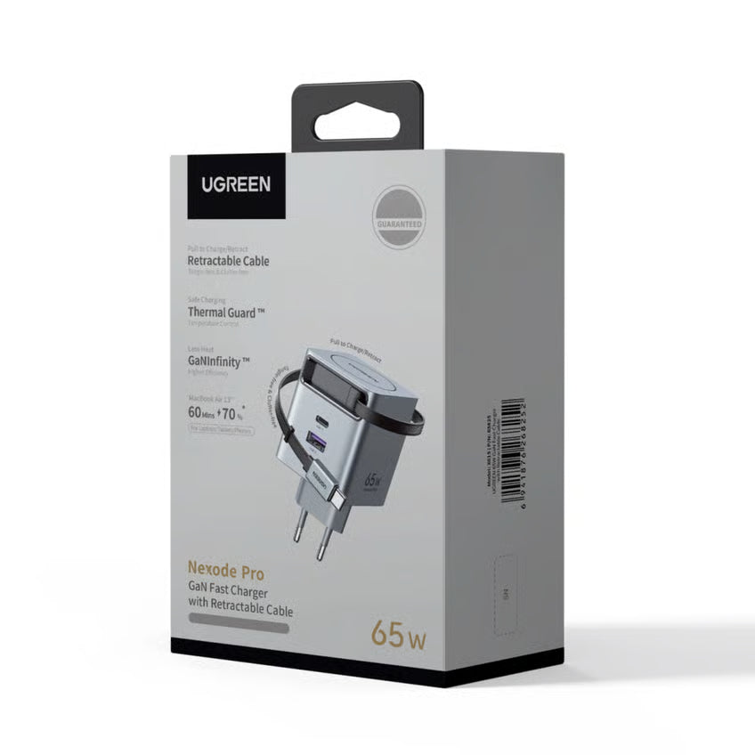 UGREEN Nexode 65 W GaN-oplader med udtrækkeligt USB-C-kabel, EU-stik, Thermal Guard og GaNInfinity er angivet på emballagen.
