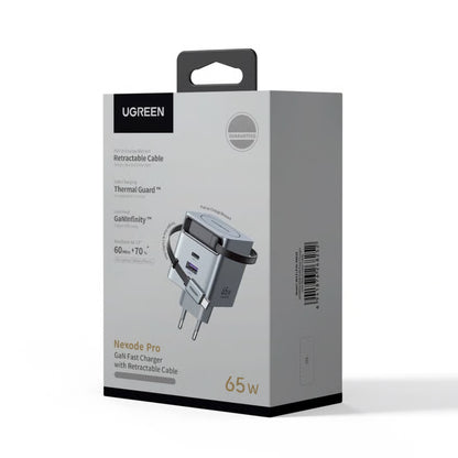 UGREEN Nexode 65 W GaN-oplader med udtrækkeligt USB-C-kabel, EU-stik, Thermal Guard og GaNInfinity er angivet på emballagen.