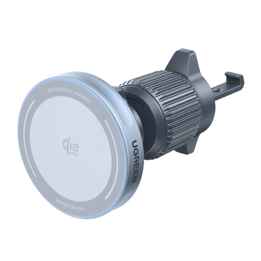 Ugreen MagFlow sølv 25 W rund magnetisk trådløs billader med struktureret cylindrisk fod, luftventilbeslag, UGREEN-logo, Qi2 15 W.