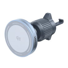 Ugreen MagFlow sølv 25 W rund magnetisk trådløs billader med struktureret cylindrisk fod, luftventilbeslag, UGREEN-logo, Qi2 15 W.