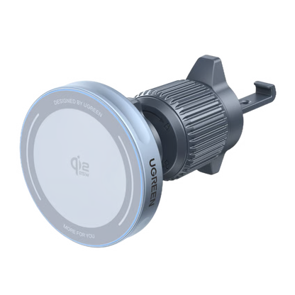 Ugreen MagFlow sølv 25 W rund magnetisk trådløs billader med struktureret cylindrisk fod, luftventilbeslag, UGREEN-logo, Qi2 15 W.