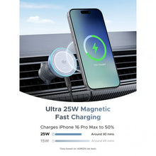 UGREEN MagFlow 25 W magnetisk trådløs biloplader (Qi2) monteret på bilens ventil, hvor mobiltelefonen viser opladningshastigheder på 25 W og 15 W.