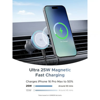 UGREEN MagFlow 25 W magnetisk trådløs biloplader (Qi2) monteret på bilens ventil, hvor mobiltelefonen viser opladningshastigheder på 25 W og 15 W.