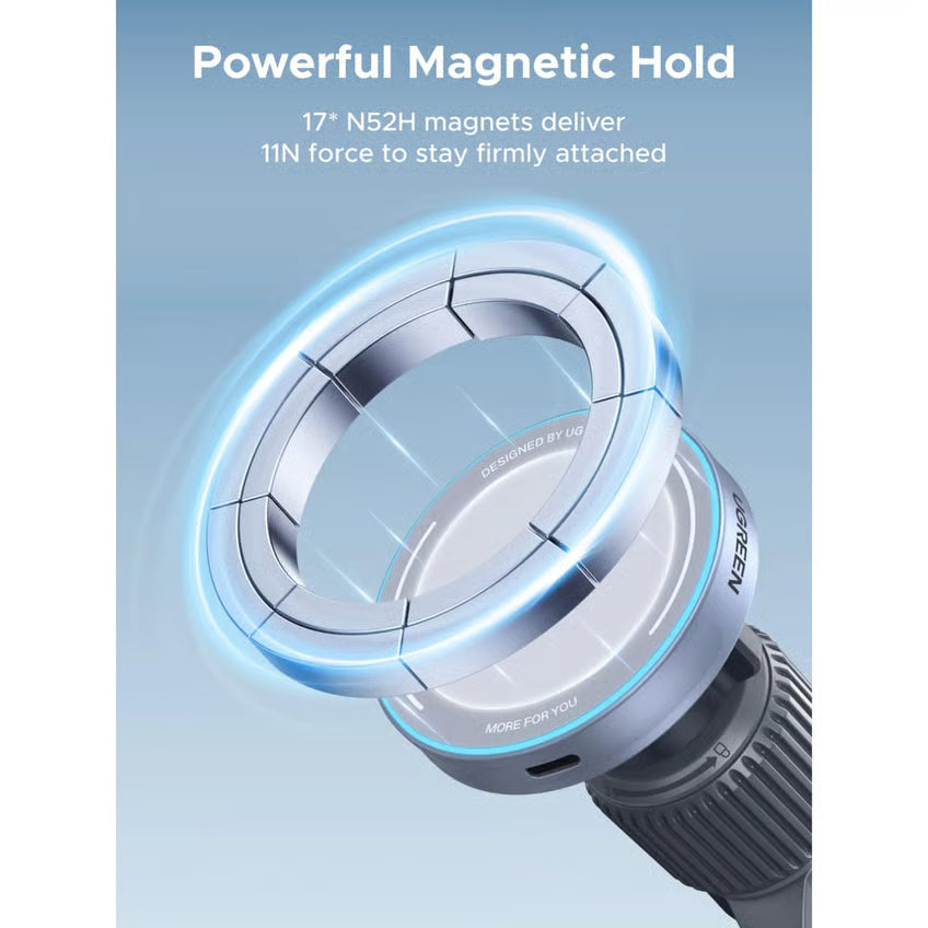 UGREEN MagFlow 25 W magnetisk trådløs billader Qi2, blå lysringe, N52H-magneter med en styrke på 11 N, tekst: »Powerful Magnetic Hold«.