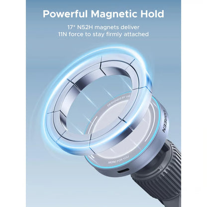 UGREEN MagFlow 25 W magnetisk trådløs billader Qi2, blå lysringe, N52H-magneter med en styrke på 11 N, tekst: »Powerful Magnetic Hold«.