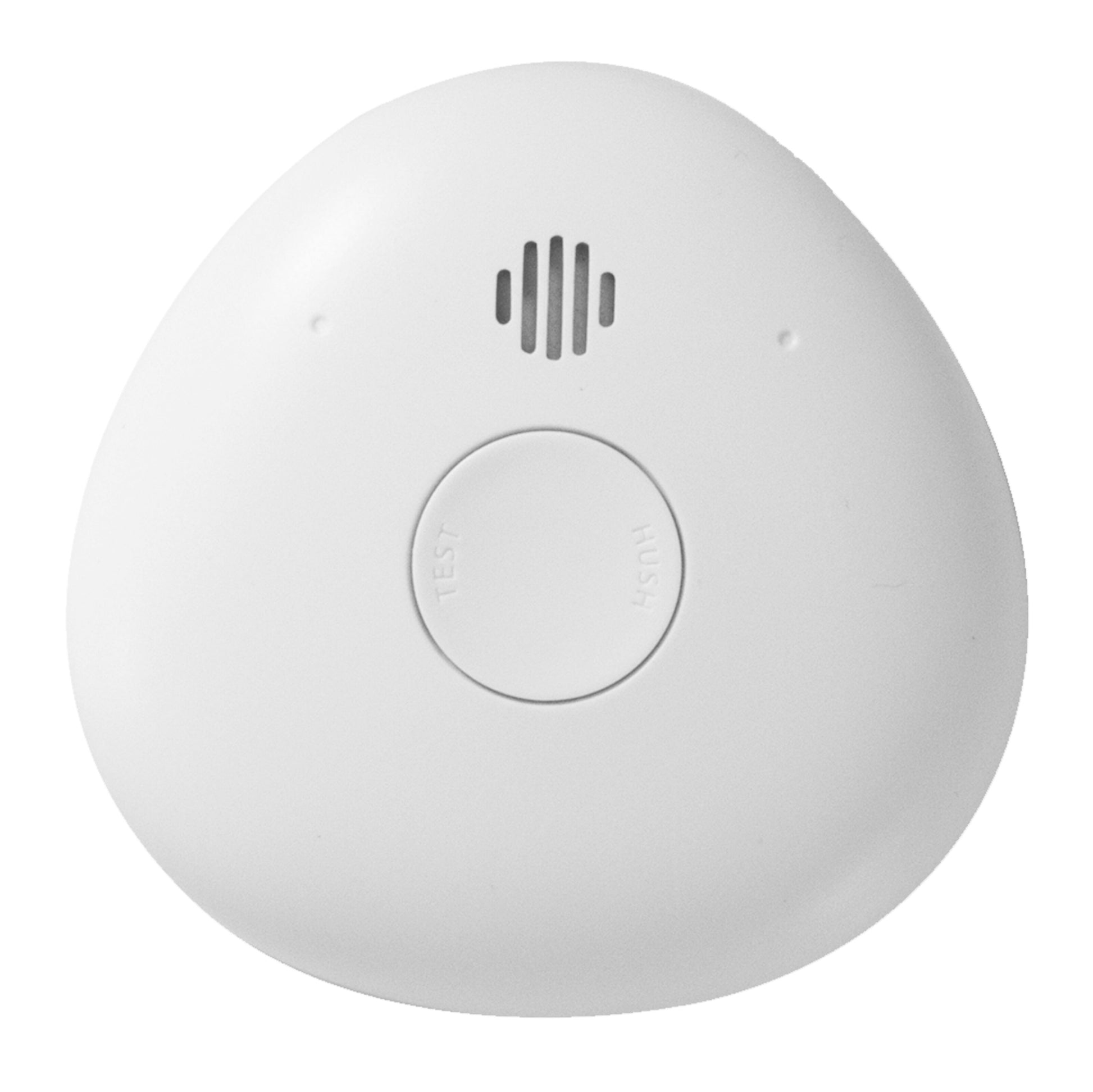 Housegard Pebble 10 optisk røgalarm hvid, rund, batteridrevet med cirkulær Test/Hush-knap, indikatorhuller og luftindtag.