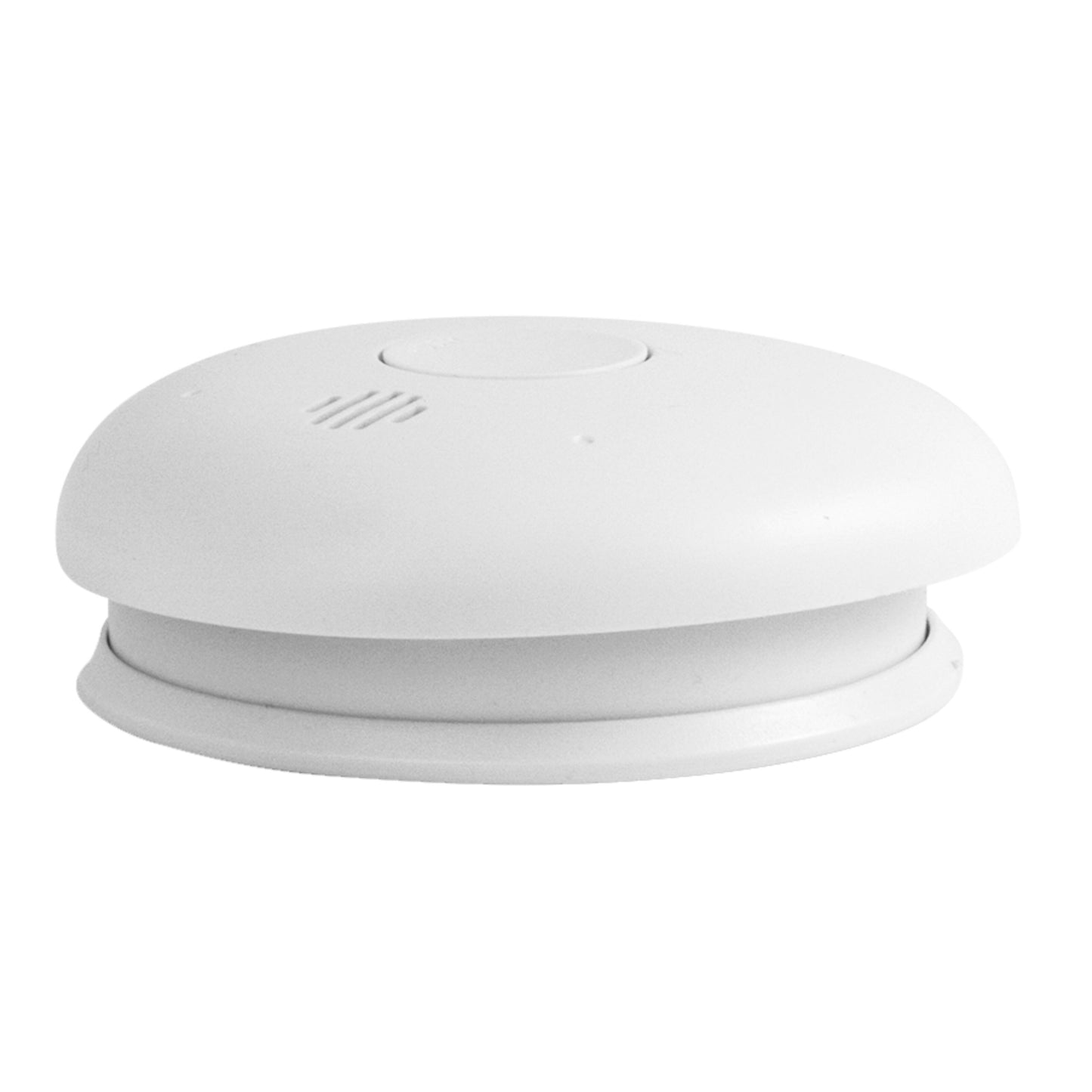 Housegard Pebble 10 optisk røgalarm, hvid, rund med flad bund, buet top, lille cirkulær knap og ventilationsåbninger.