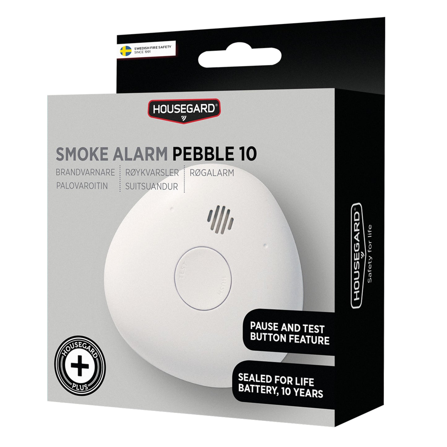 Housegard Pebble 10 optisk røgalarm i sort/hvid æske, optisk detektion, 10-års batteri, pause/test-knap.