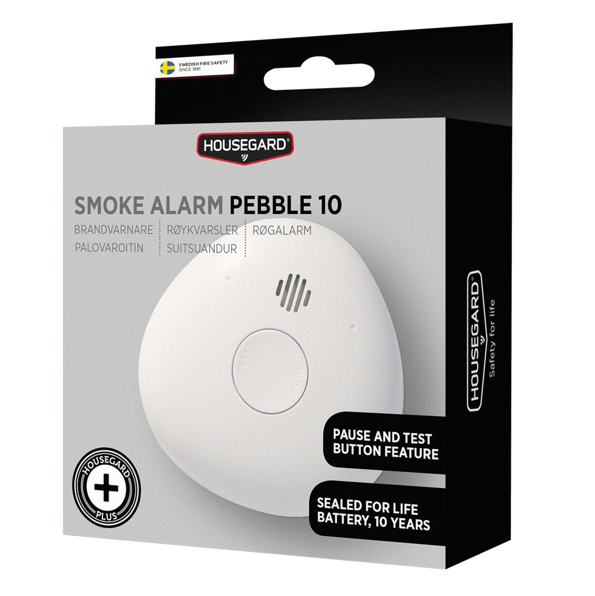 Housegard Pebble 10 optisk røgalarm i sort/hvid æske, optisk detektion, 10-års batteri, pause/test-knap.