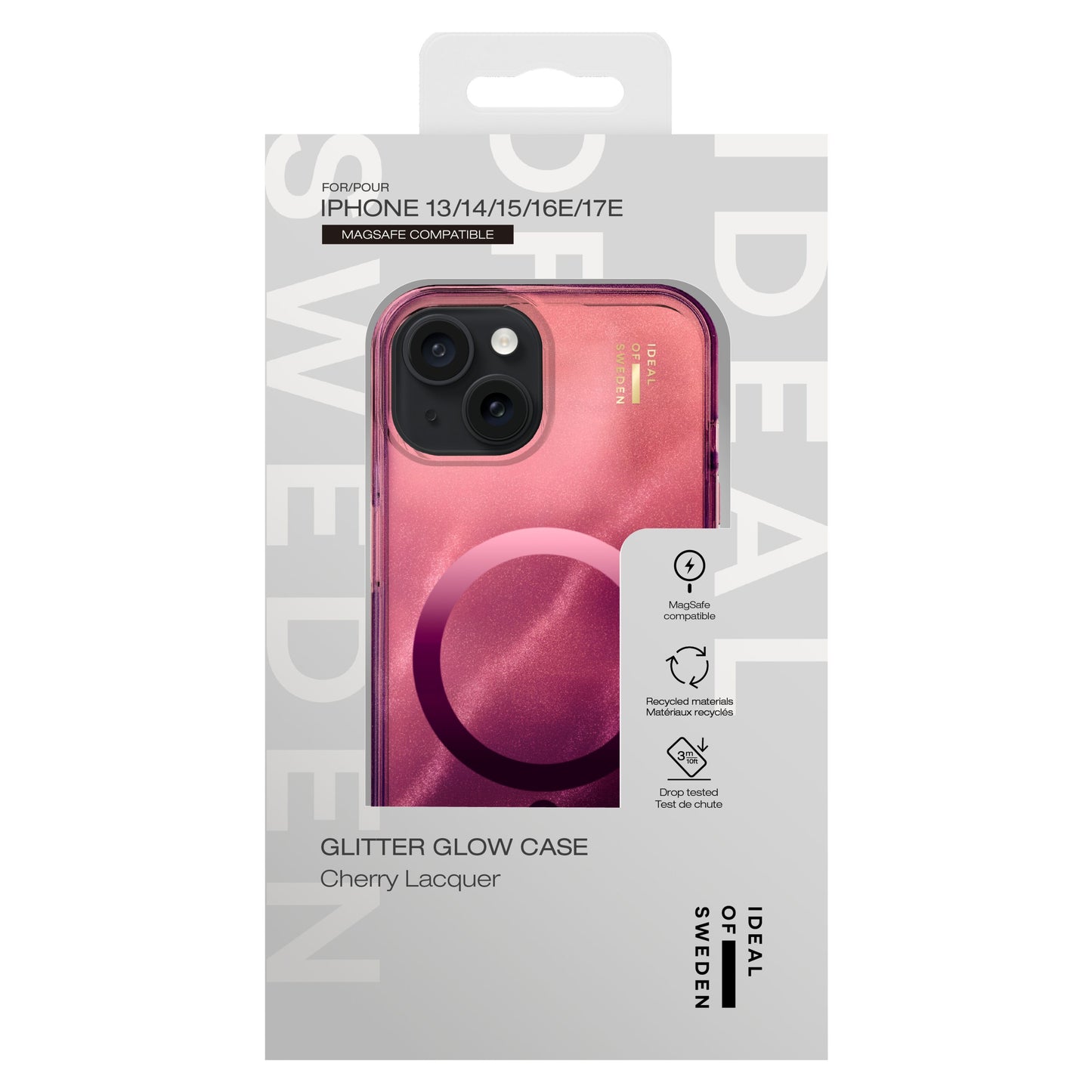 IDEAL OF SWEDEN Clear MagSafe Case Cherry Lacquer iPhone 13/14/15/16, pink/lilla glimmer, vises i æske med brand og kompatibilitet.