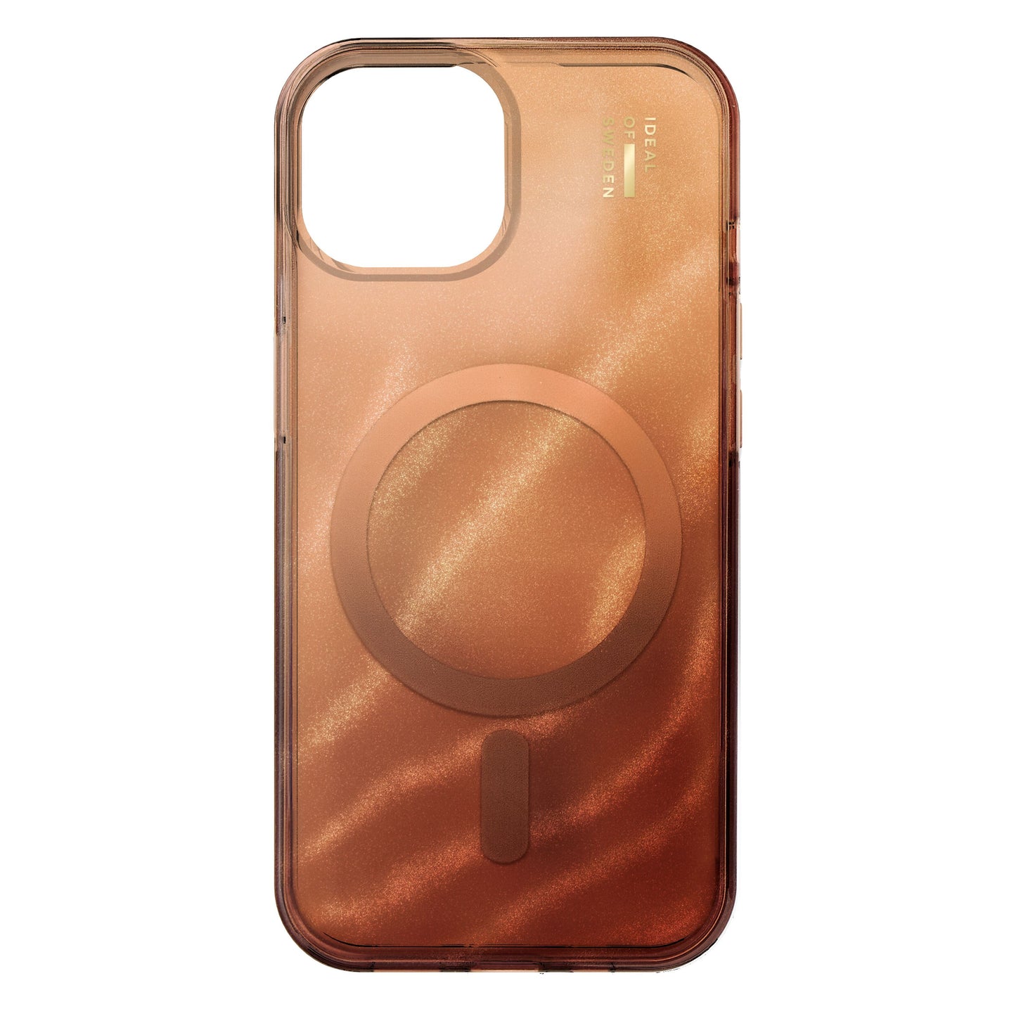 IDEAL OF SWEDEN Clear MagSafe Case Mocha Mousse til iPhone 13-16e, transparent med amber-tone, MagSafe-ring og shimmer-effekt.