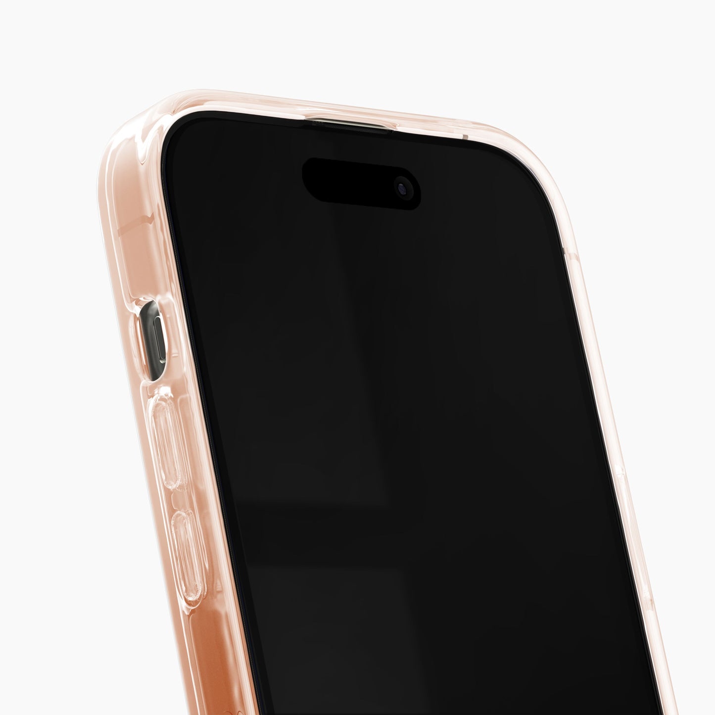 IPhone med IDEAL OF SWEDEN Clear MagSafe Case Mocha Mousse, synlige sideknapper og frontkamera, passer iPhone 13-16e.