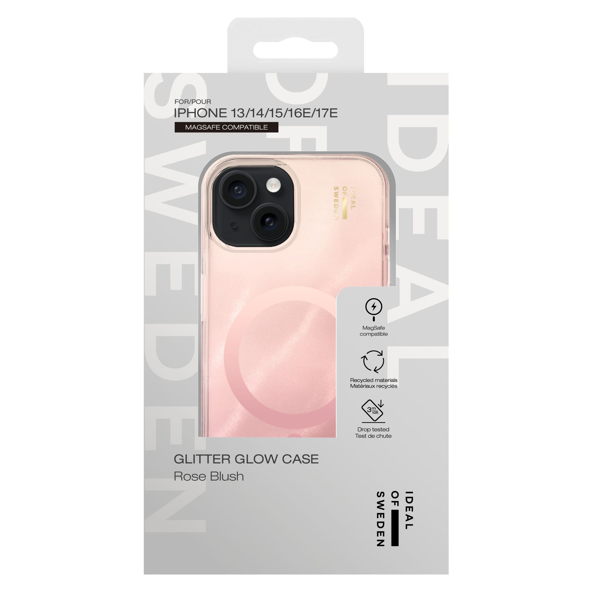 Ideal Of Sweden Clear MagSafe cover til iPhone 13/14/15/16e, transparent med lyserød Rose Blush nuance i original emballage.