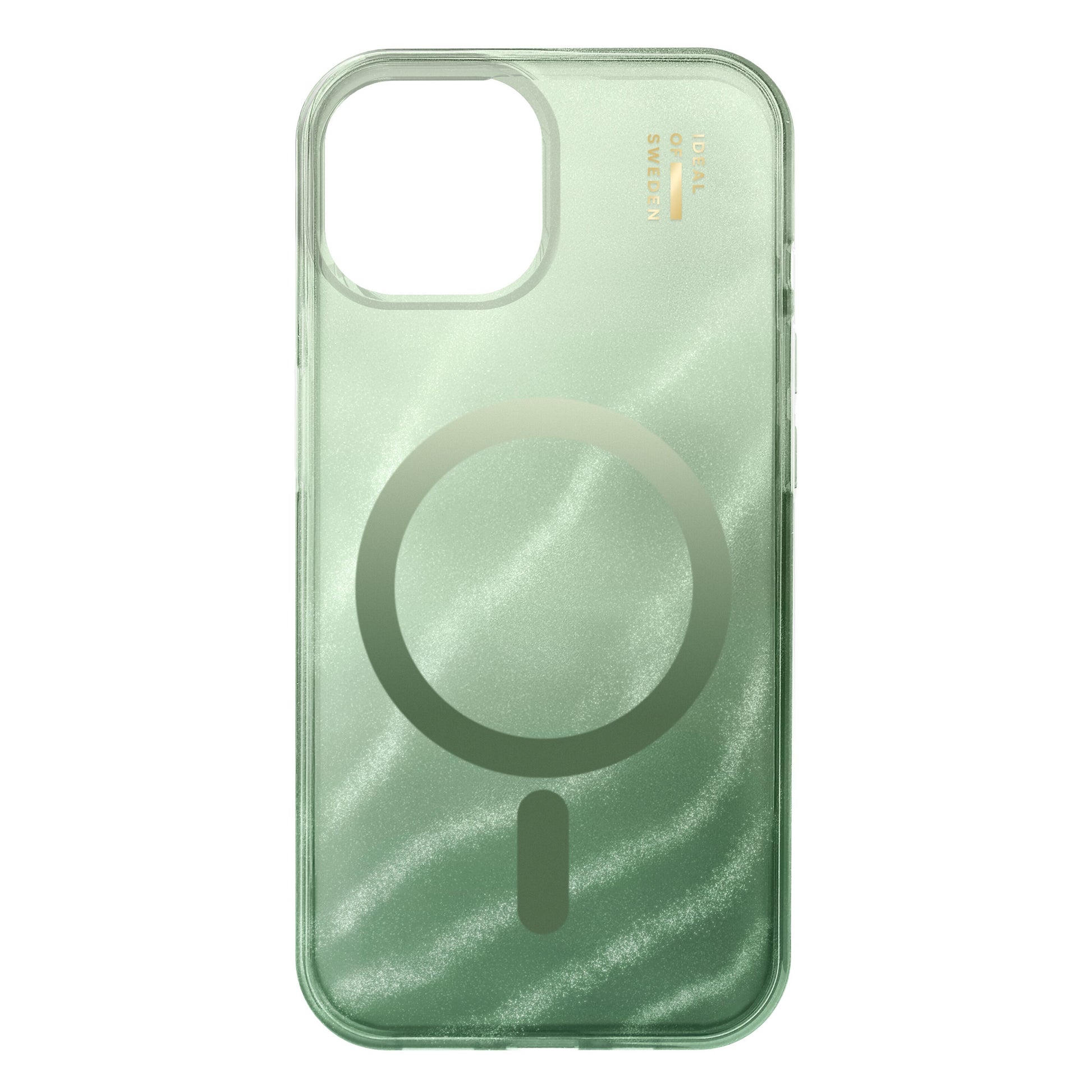 Ideal of Sweden MagSafe cover til iPhone 13/14/15/16e, salviegrøn, transparent bølgemønster, guldlogo.