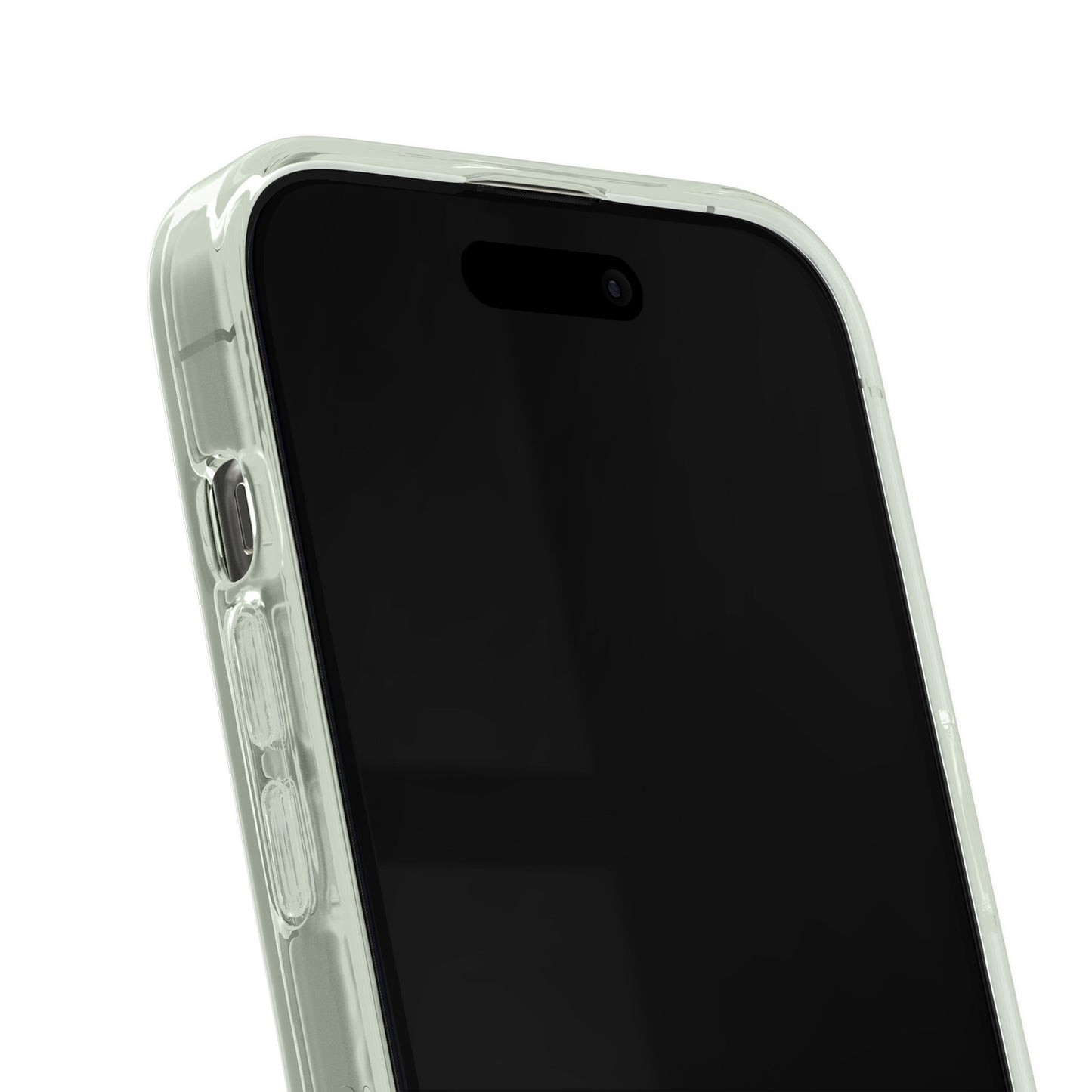 IDEAL OF SWEDEN Clear MagSafe Case Sage Green til iPhone 13/14/15/16e med synlige sideknapper og frontkamera.