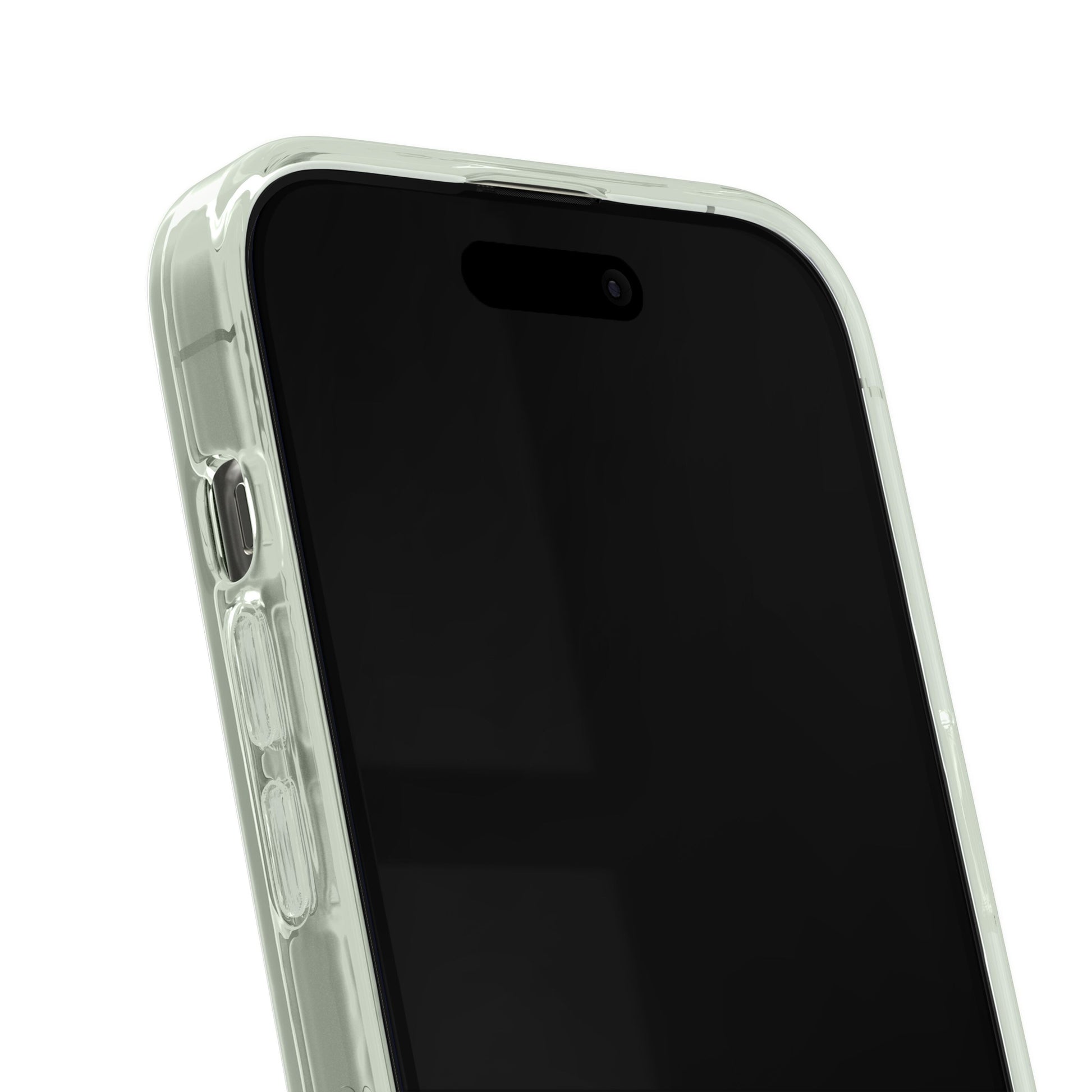 IDEAL OF SWEDEN Clear MagSafe Case Sage Green til iPhone 13/14/15/16e med synlige sideknapper og frontkamera.
