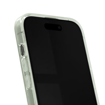 IDEAL OF SWEDEN Clear MagSafe Case Sage Green til iPhone 13/14/15/16e med synlige sideknapper og frontkamera.