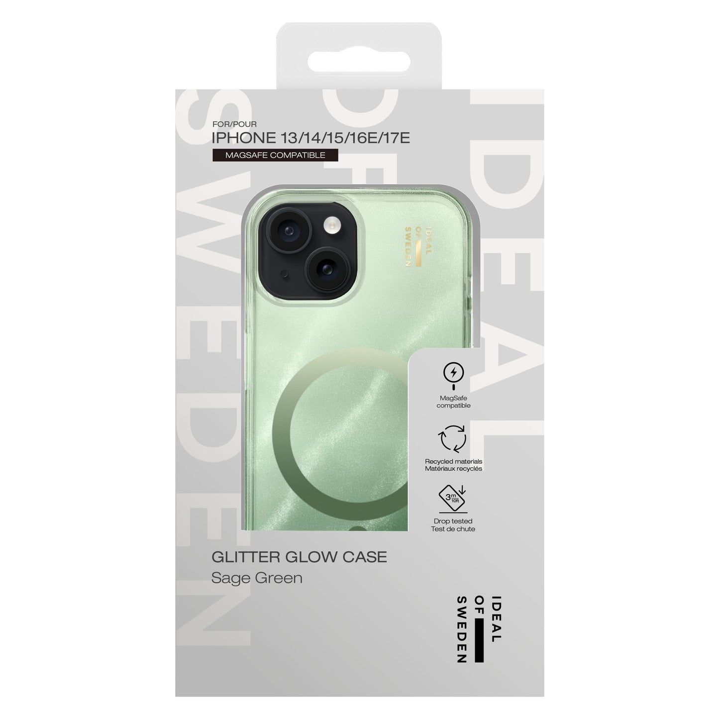 IDEAL OF SWEDEN Clear MagSafe Case til iPhone 13/14/15/16e Sage Green i emballage med MagSafe og dropbeskyttelse.