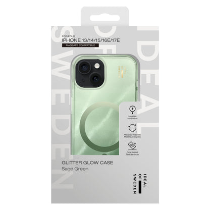 IDEAL OF SWEDEN Clear MagSafe Case til iPhone 13/14/15/16e Sage Green i emballage med MagSafe og dropbeskyttelse.
