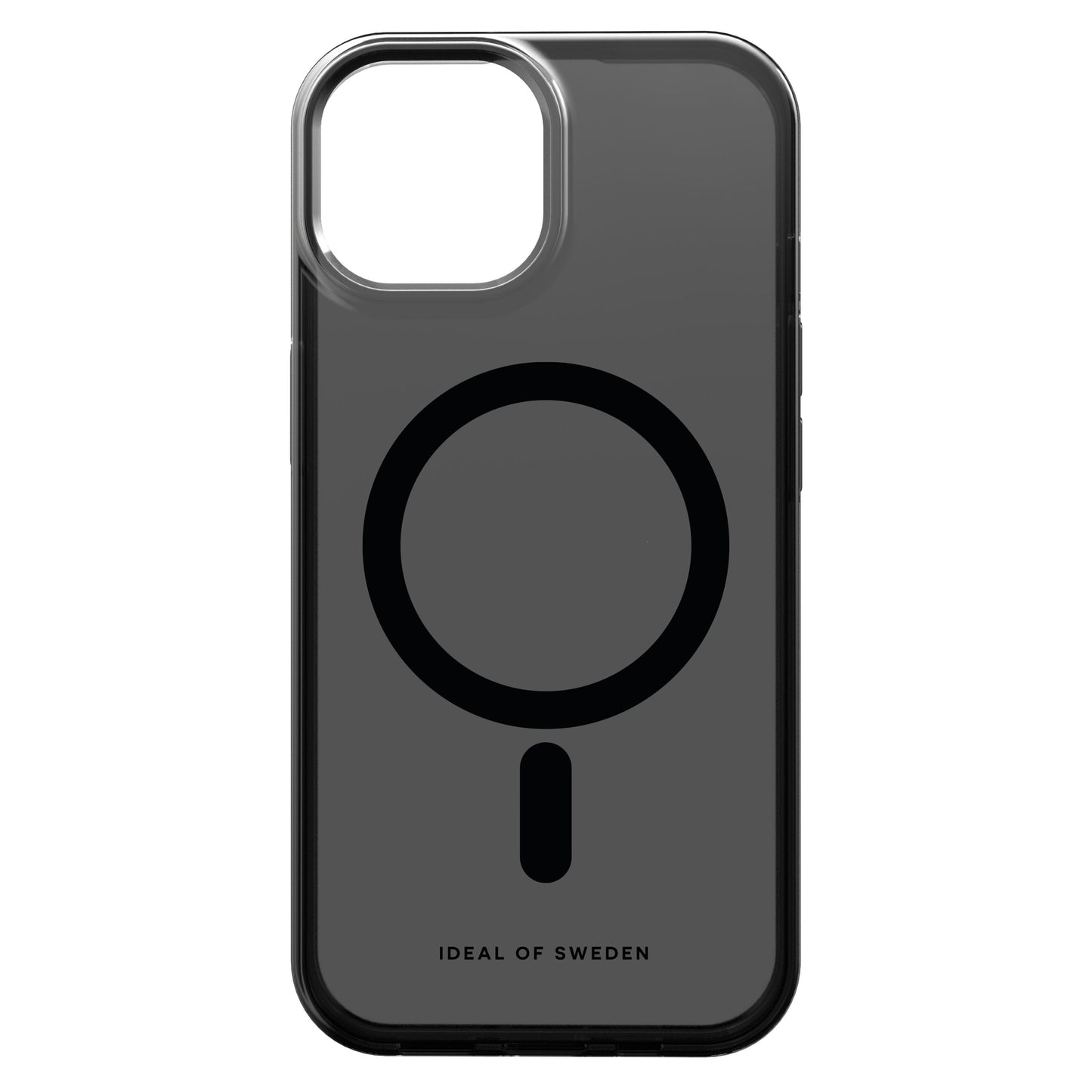 IDEAL OF SWEDEN Clear MagSafe Case til iPhone 13-16e, transparent med sorte kanter, sort MagSafe-ring, logo nederst.