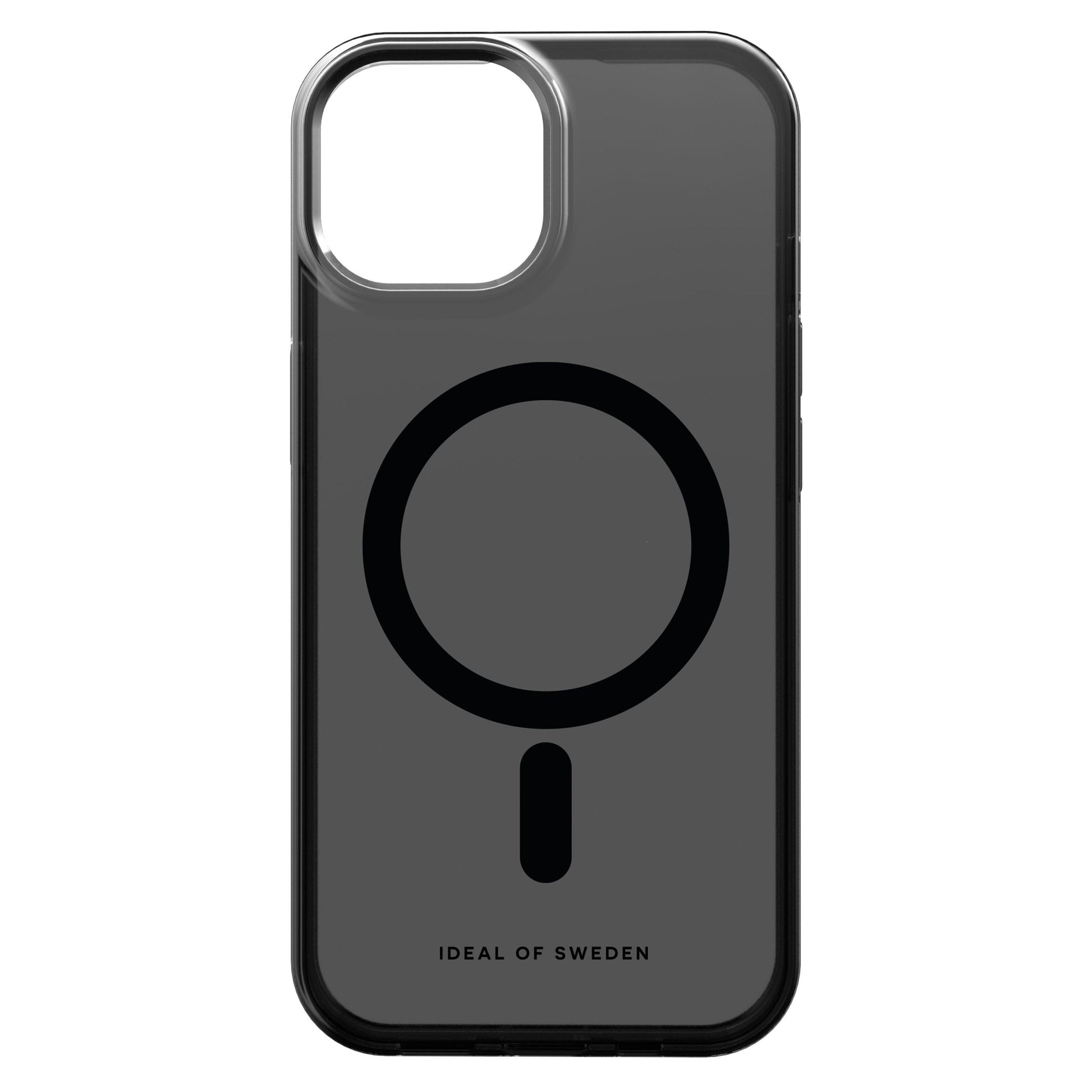 IDEAL OF SWEDEN Clear MagSafe Case til iPhone 13-16e, transparent med sorte kanter, sort MagSafe-ring, logo nederst.