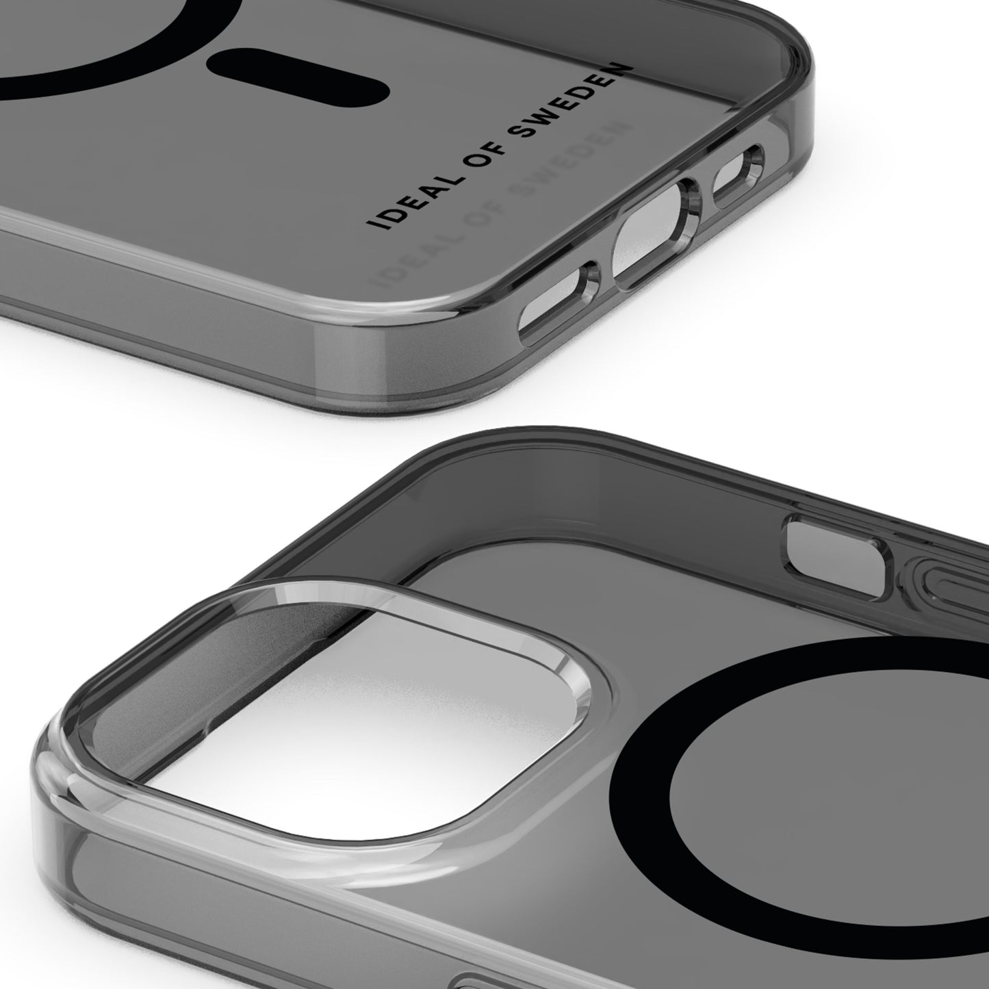 IDEAL OF SWEDEN Clear MagSafe Case Tinted Black, gennemsigtigt cover med rundede kanter, præcise udskæringer til iPhone 13-16e.