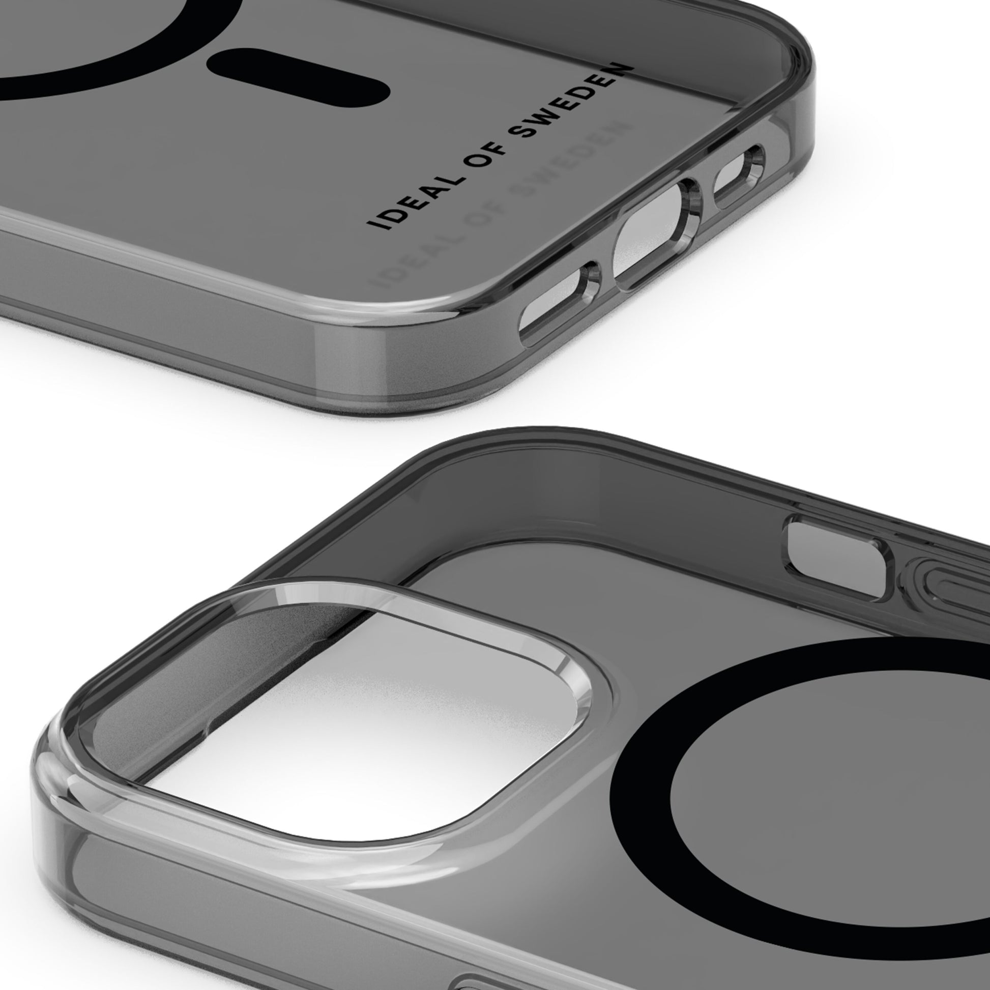 IDEAL OF SWEDEN Clear MagSafe Case Tinted Black, gennemsigtigt cover med rundede kanter, præcise udskæringer til iPhone 13-16e.
